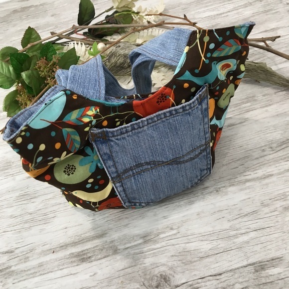Whimsical Bird Brown Hand Bag Denim Jean Leaf Retro Print Handmade Sewn - Picture 4 of 8